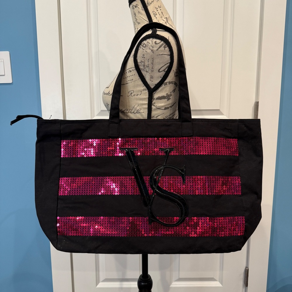 Victoria's Secret Black Canvas Tote Bag Pink Sequin Stripes VS Logo